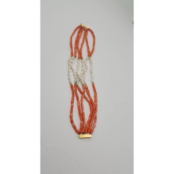14K Coral pearl shell 6 strand Orange white bracelet 7.5